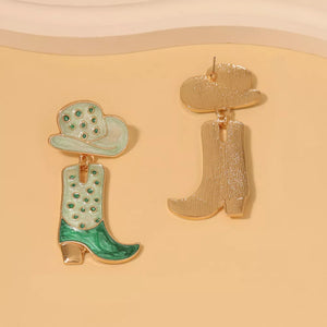 Western charm dangle earrings with cowboy boot and hat charms in green and gold.