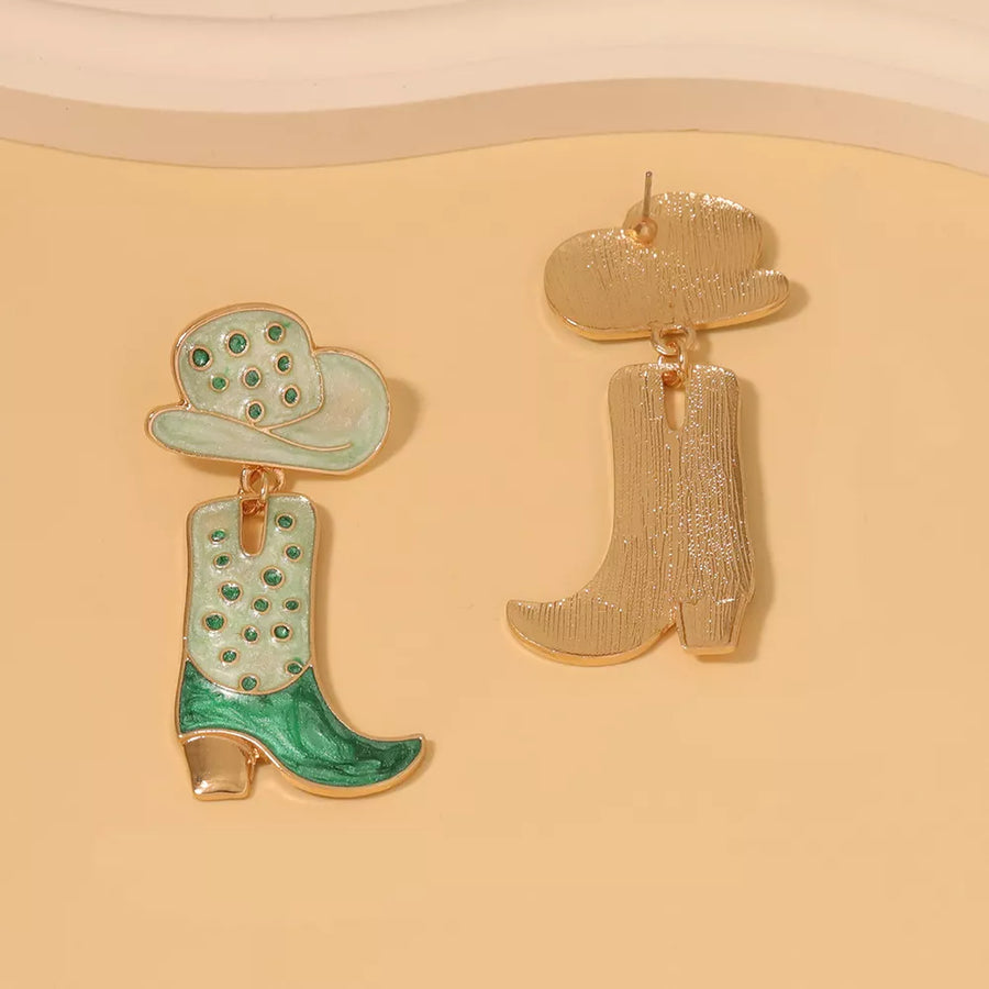 Western charm dangle earrings with cowboy boot and hat charms in green and gold.