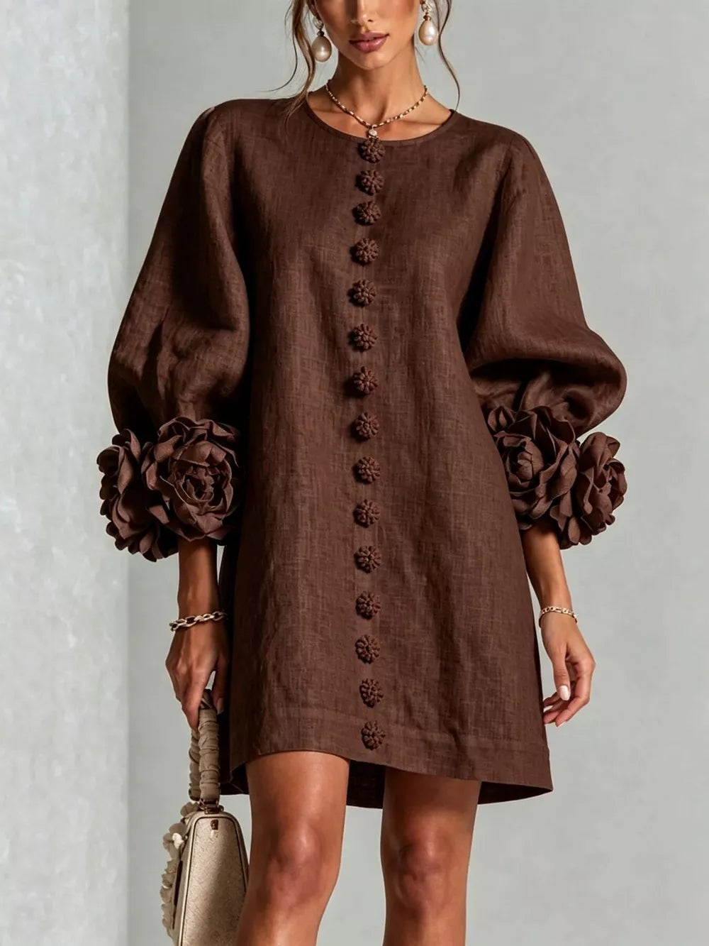 3d Floral 3/4 Sleeve Mini Dress in Mocha