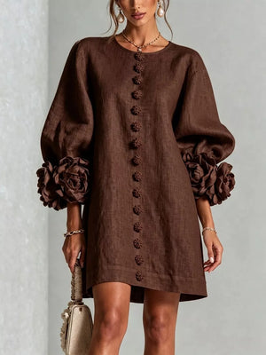 3d Floral 3/4 Sleeve Mini Dress in Mocha
