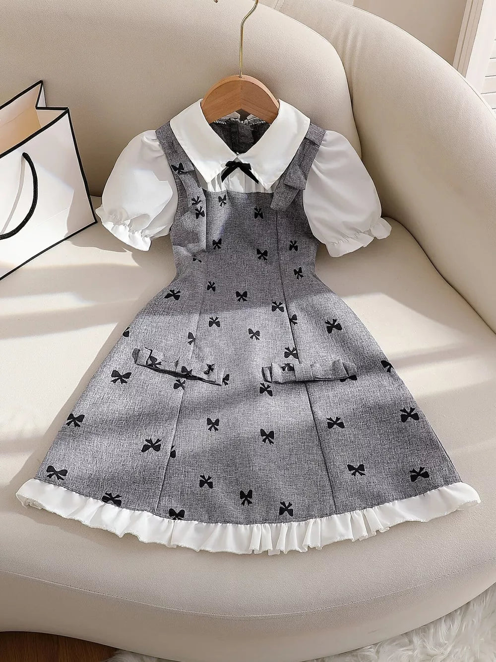 Gray Children's Bow Print Puff Sleeve Dress