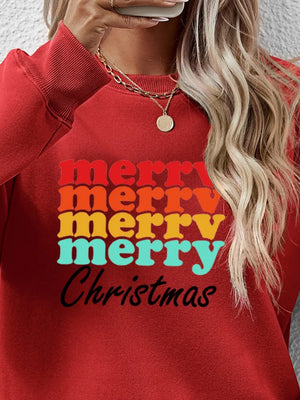 Deep Red crewneck sweatshirt with retro "Merry Christmas" graphic.