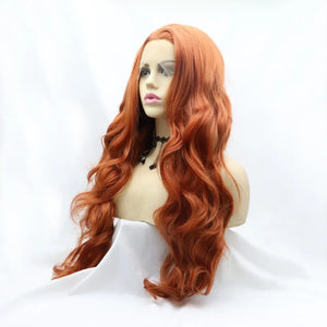 Orange lace front wig with long, wavy synthetic hair styled on a mannequin.