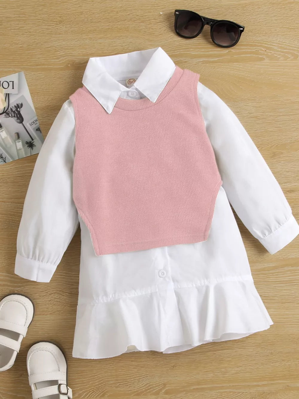 Pink Children's Long Sleeve Shirt Dress And Knit Vest Set