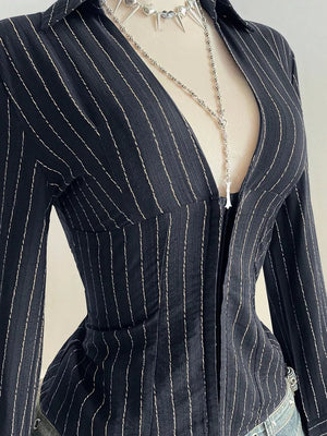 Striped Long Sleeve Fitted Blouse in Dark Navy