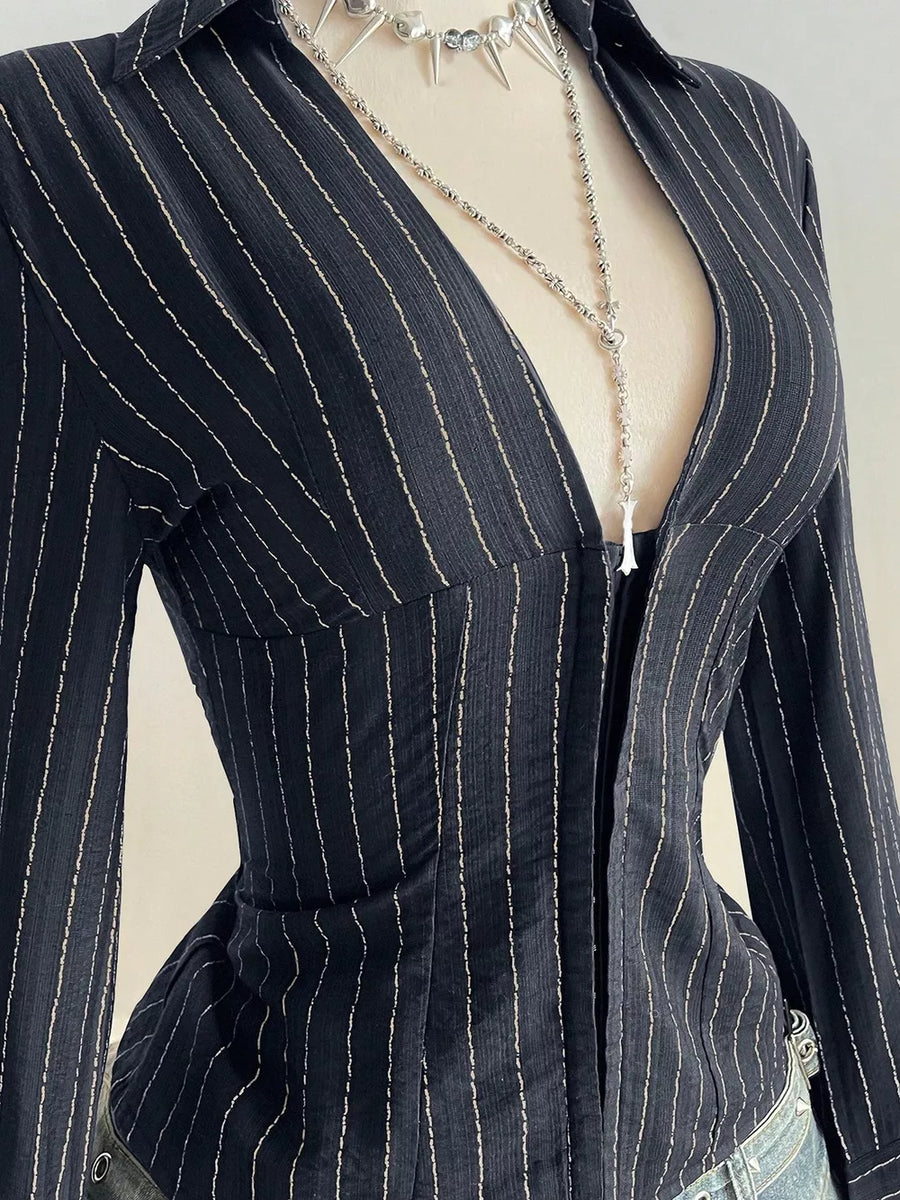 Striped Long Sleeve Fitted Blouse in Dark Navy