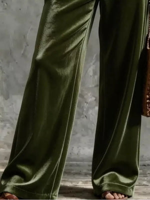 Army Green wide-leg pants with full-length and button