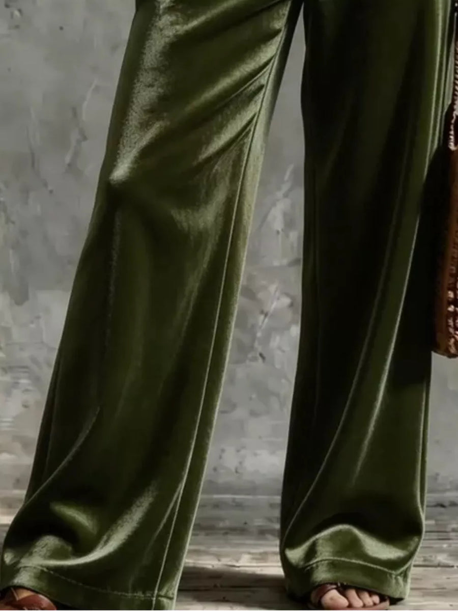 Army Green wide-leg pants with full-length and button