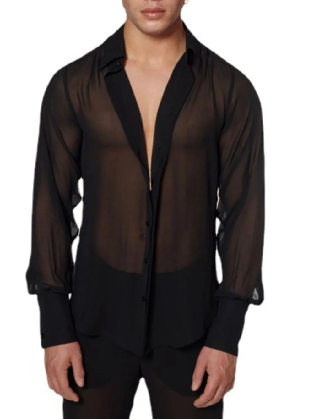 Black sheer silk button-down shirt with deep V-neck and long sleeves.