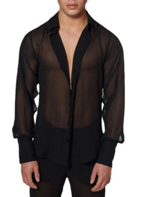 Black sheer silk button-down shirt with deep V-neck and long sleeves.