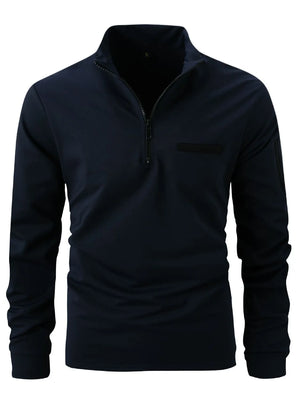 Navy mock neck zip-up sweatshirt with welt pocket detail.