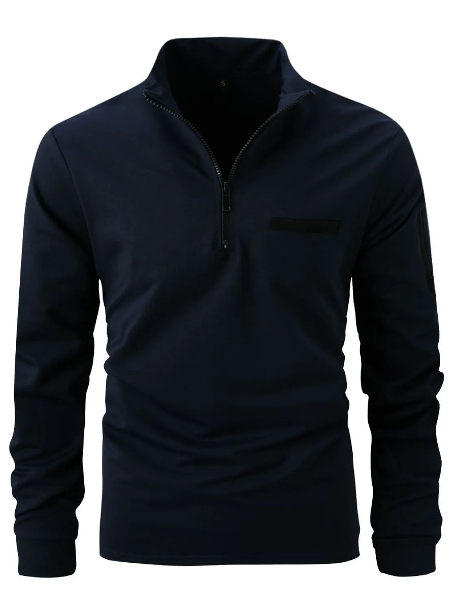 Navy mock neck zip-up sweatshirt with welt pocket detail.