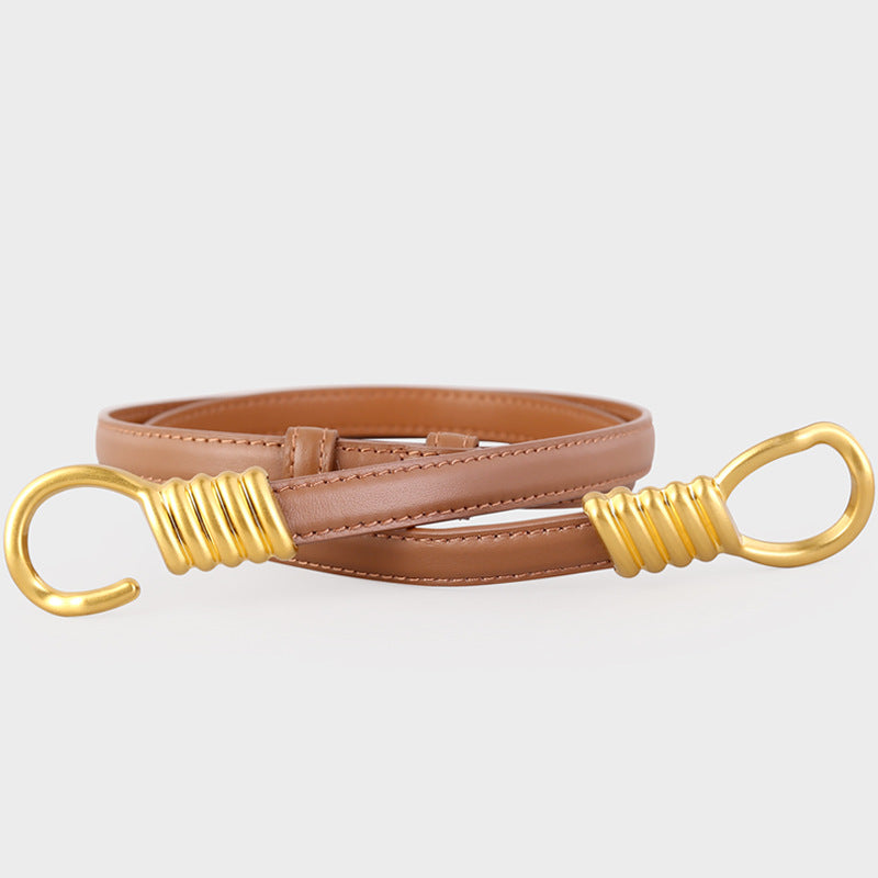 Caramel cowhide leather skinny belt with gold coiled buckle detail