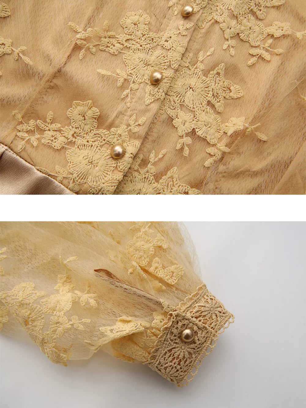 Gold lace-embellished maxi dress with button-down front and lantern sleeves.