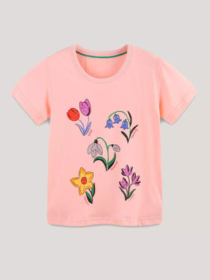 Pink toddler t-shirt with whimsical cartoon floral print, short sleeves, crew neck.