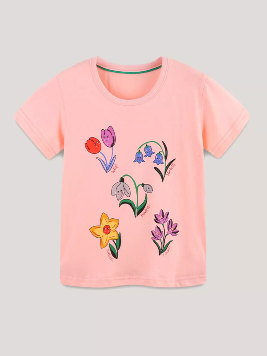 Pink toddler t-shirt with whimsical cartoon floral print, short sleeves, crew neck.
