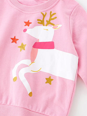 Pink crew neck sweatshirt with a white reindeer graphic and gold stars.