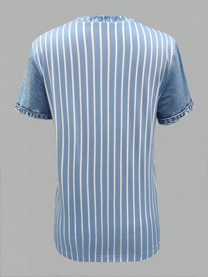 Light blue striped shirt with denim patchwork short sleeves and collar.