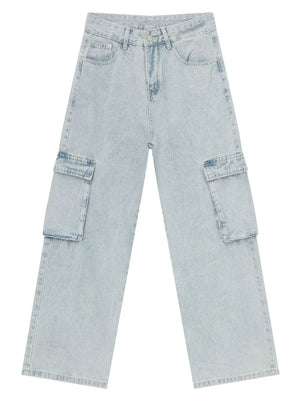 Oversized light wash denim cargo pants with large side pockets.