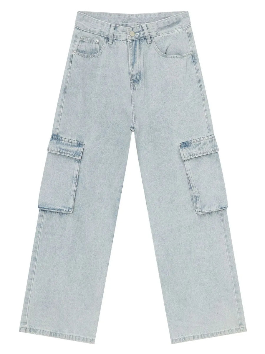 Oversized light wash denim cargo pants with large side pockets.