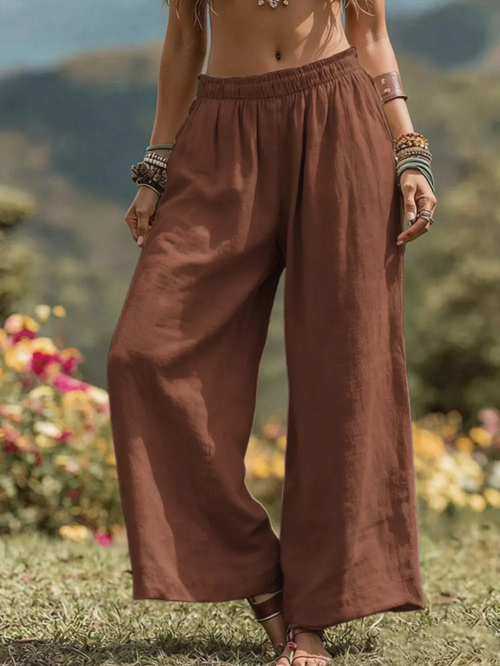 Full Size Bohemian Wide-leg Pants Plus Size in Light Brown