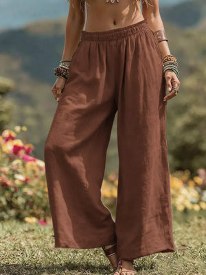 Full Size Bohemian Wide-leg Pants Plus Size in Light Brown