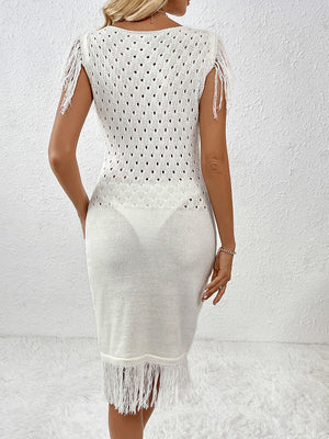 White openwork knit midi dress with fringe details and a boat neckline.