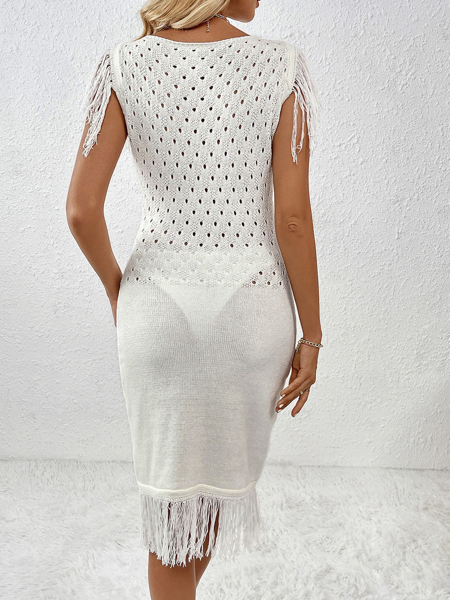 White openwork knit midi dress with fringe details and a boat neckline.