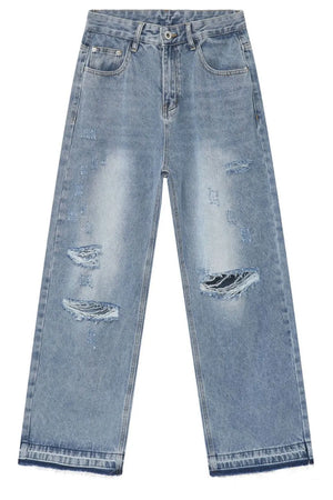 Light blue distressed wide-leg denim jeans with raw hem detail and ripped accents.