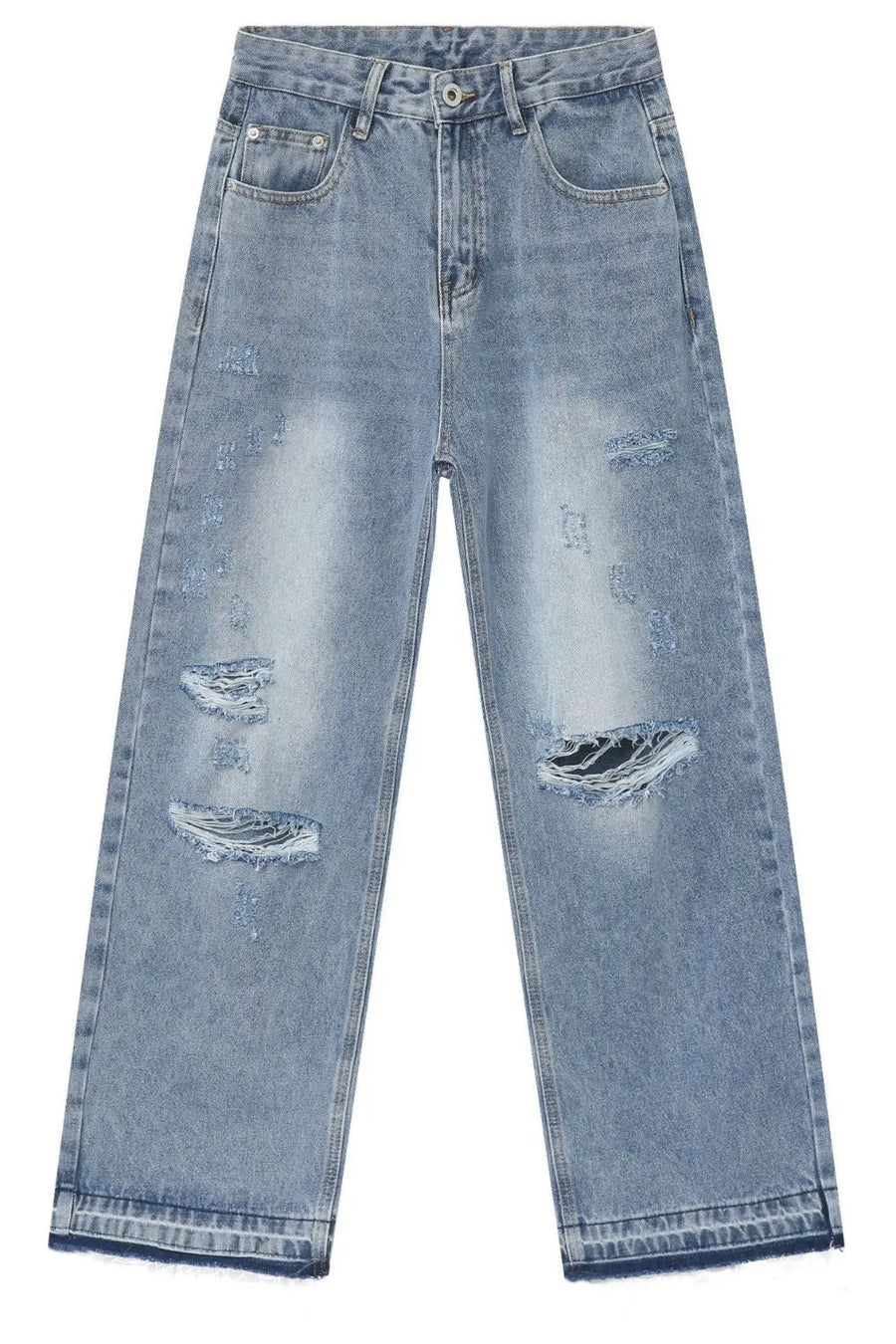 Light blue distressed wide-leg denim jeans with raw hem detail and ripped accents.