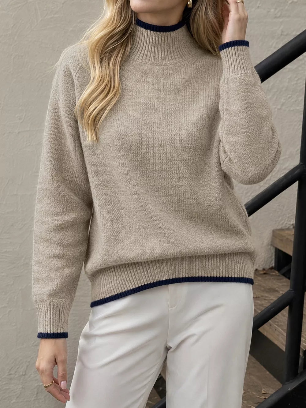Khaki Cozy Mock Neck Sweater With Contrast Trim