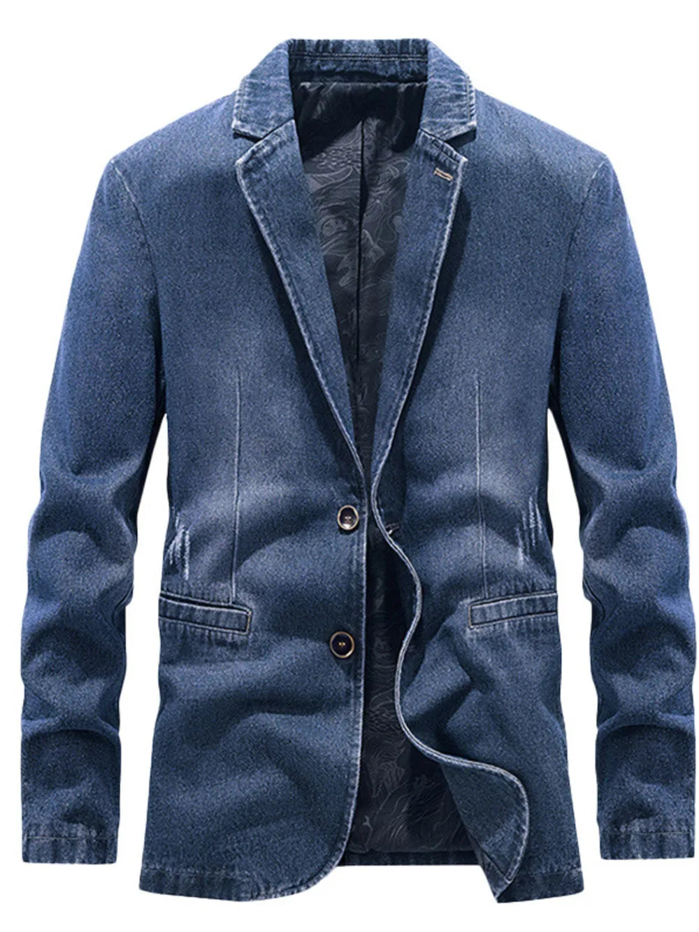 Men's medium wash denim blazer, slim fit, button-down, casual sport jacket style.