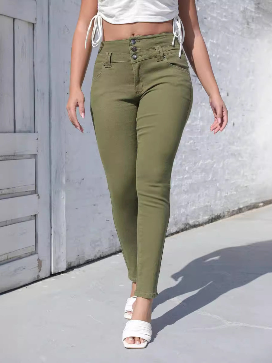 skinny jeans in olive green featuring buttoned and slim fit