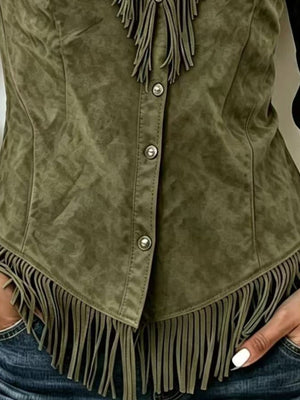 Olive green suede vest with fringe and buttons