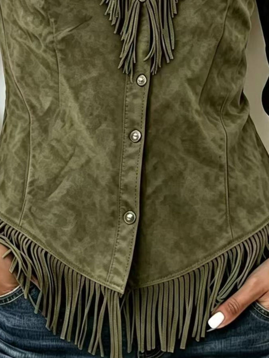 Olive green suede vest with fringe and buttons