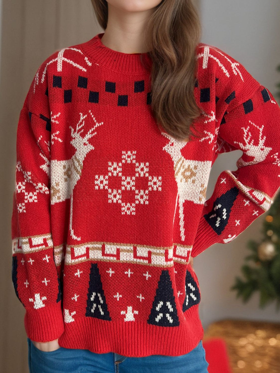Red acrylic knit sweater with reindeer and snowflake motif, crew neck, long sleeves.