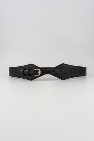 Black leather belt with geometric shape and gold buckle