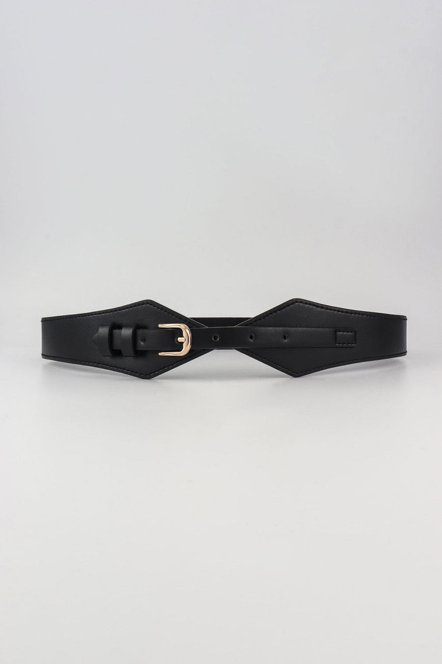 Black leather belt with geometric shape and gold buckle