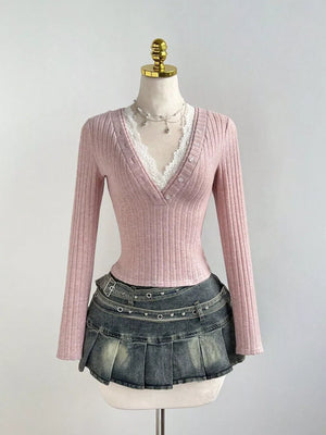 V-neck Lace Trim Ribbed Knit T-shirt option 14