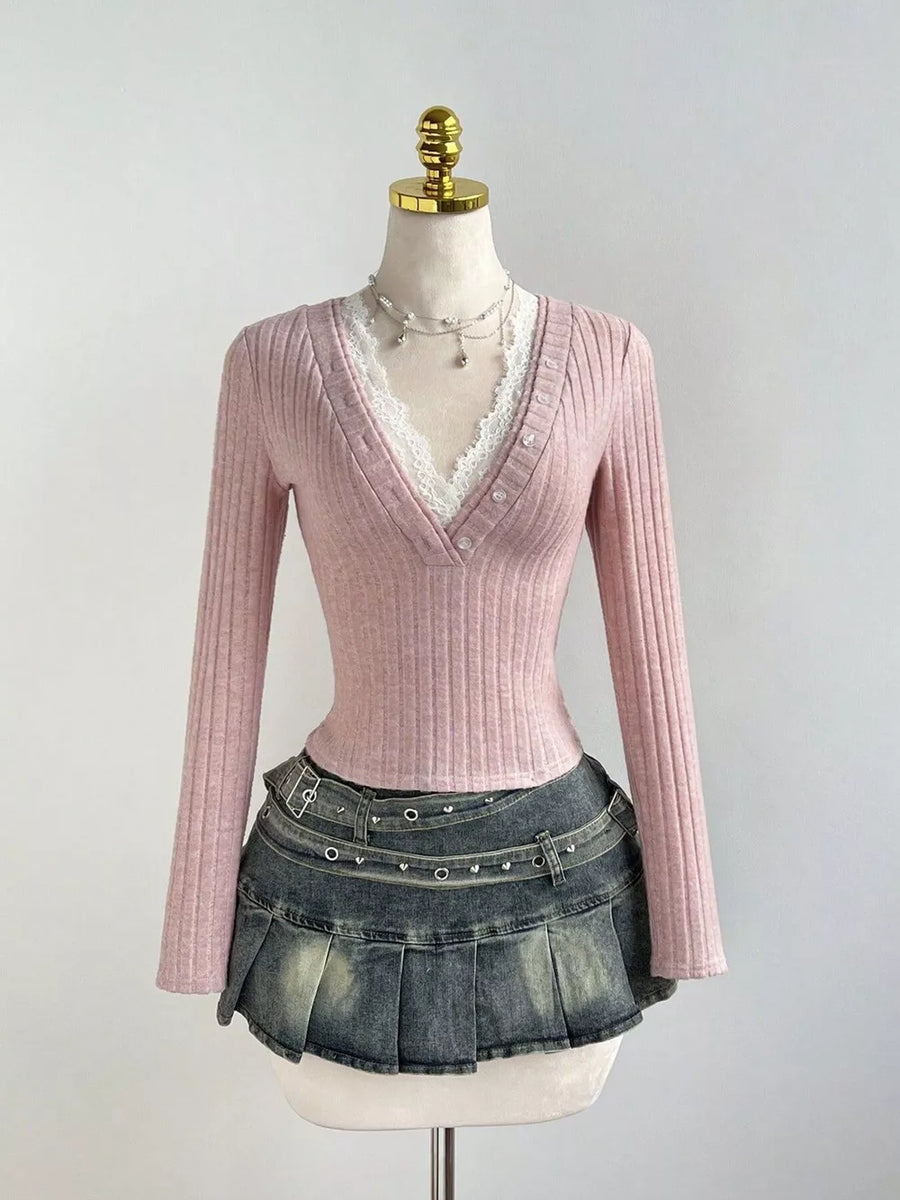 V-neck Lace Trim Ribbed Knit T-shirt option 14