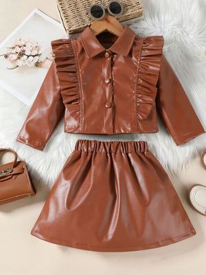 Brown faux leather toddler set with ruffled collared jacket and elastic waist skirt.