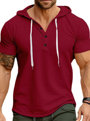 Deep Red short sleeve henley hooded tee with contrast white drawstrings and black buttons.