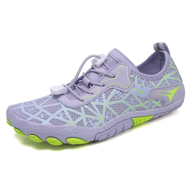 Blue purple geometric mesh barefoot water shoes with quick lace closure and lime green accents.