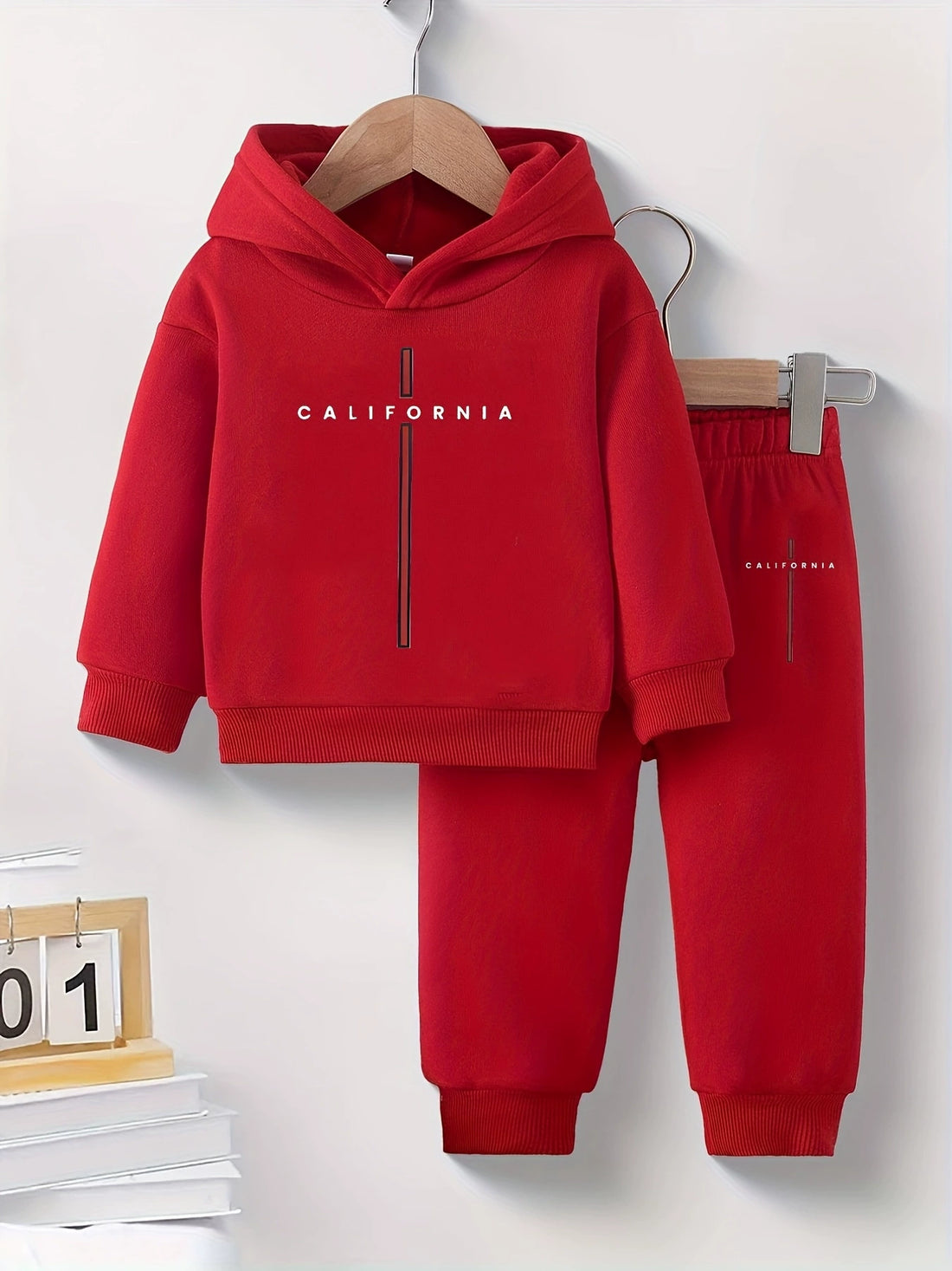 Red California graphic hoodie and pants set for baby boys and girls.
