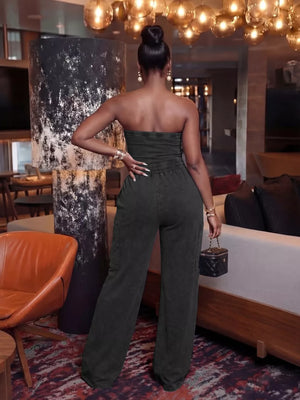 Dark grey strapless jumpsuit with wide legs and cargo pockets