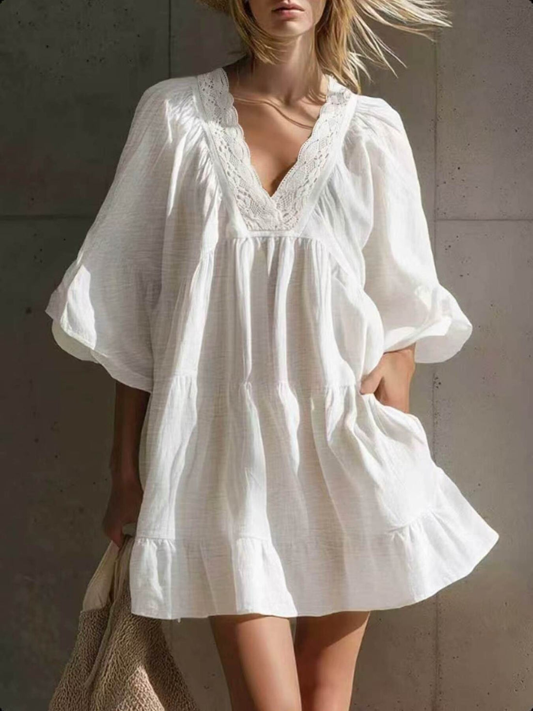 mini dress in white featuring lace trim and A-line fit