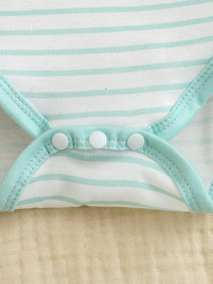 Baby bodysuit with white and aqua stripes, aqua trim, and snap closure detail.