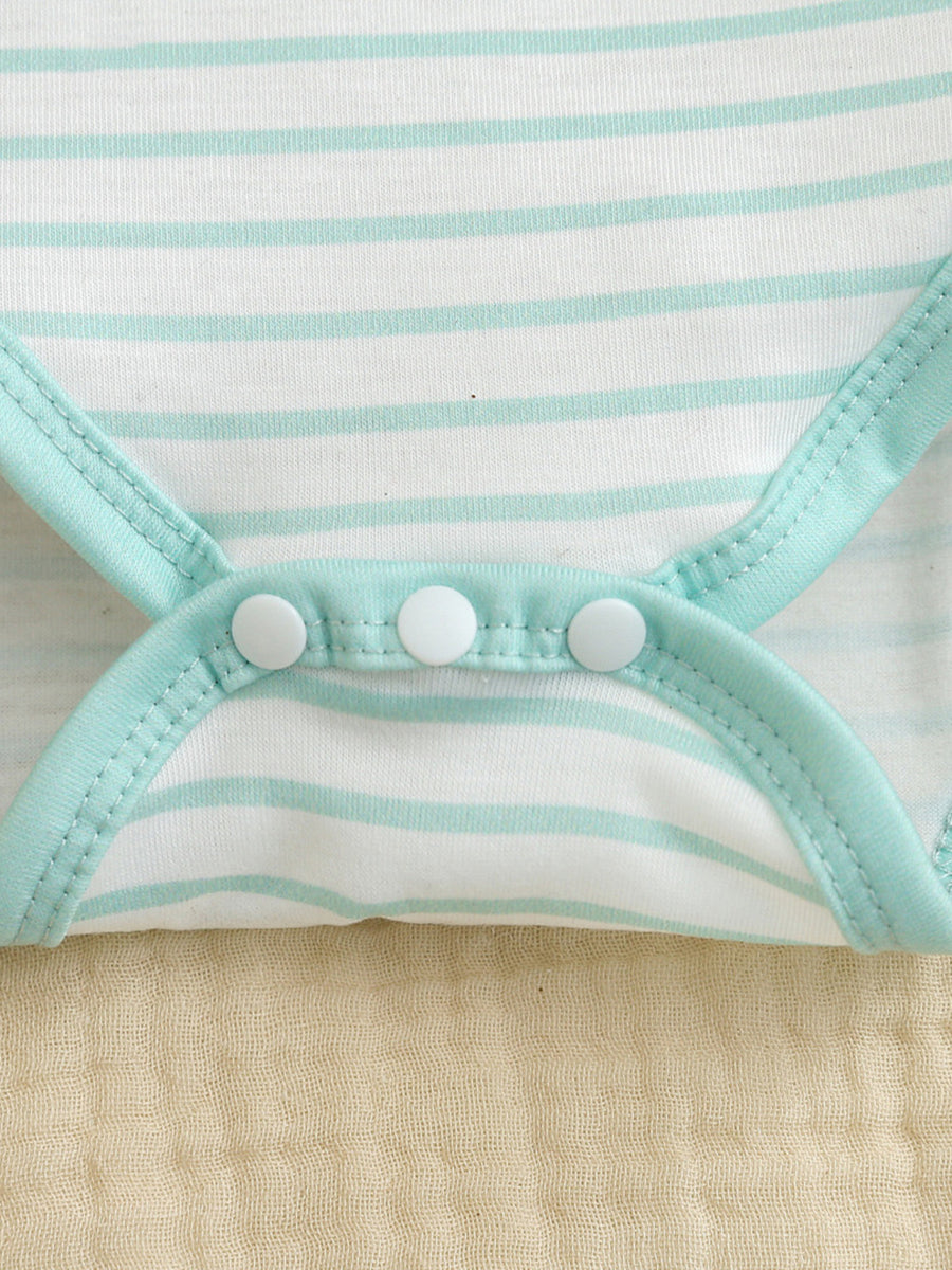 Baby bodysuit with white and aqua stripes, aqua trim, and snap closure detail.