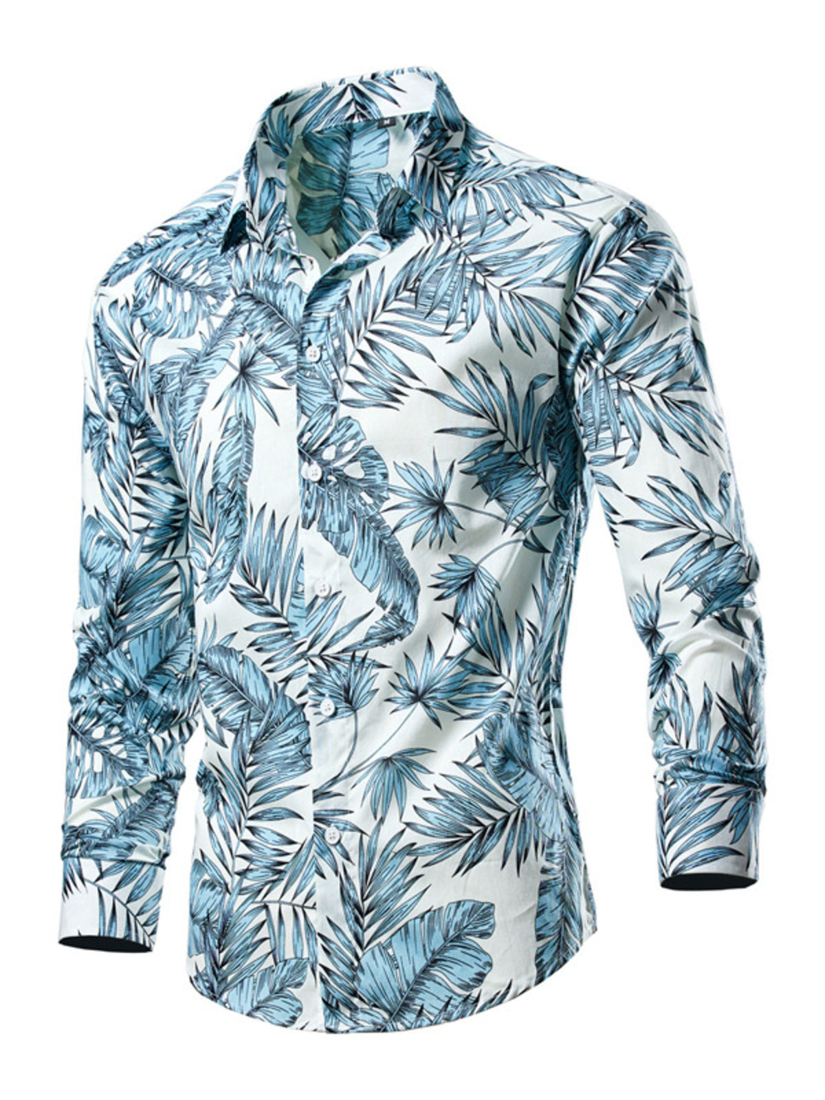 Men's long sleeve button-down shirt in white with blue tropical leaf print, cotton.