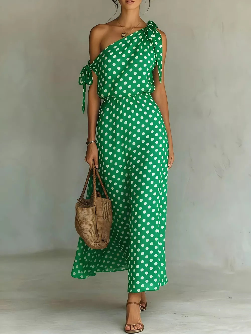 Green polka dot one-shoulder maxi dress with tie details and elastic waist.